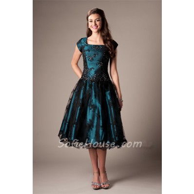 Modest A Line Cap Sleeve Teal Satin Black Lace Tea Length Corset Prom Dress