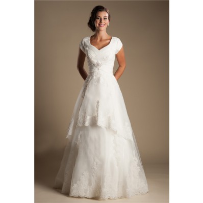 Modest A Line Cap Sleeve Tulle Lace Corset Wedding Dress