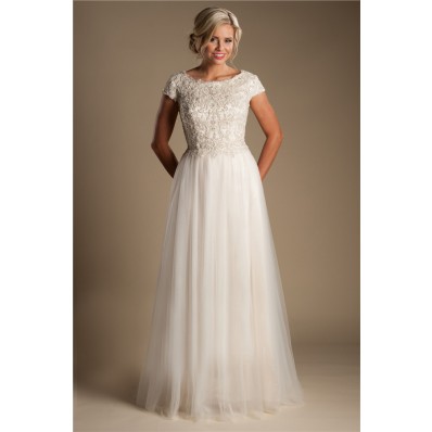 Modest A Line Champagne Colored Tulle Beaded Wedding Dress With Sleeves