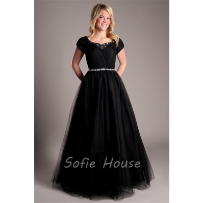 Modest A Line Short Sleeve Black Tulle Beaded Prom Dress