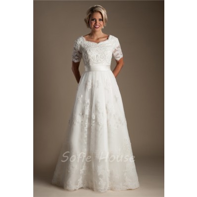 Modest A Line Short Sleeve Lace Beaded Wedding Dress With Sash