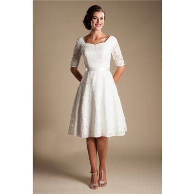 Modest A Line Short Sleeve Lace Corset Wedding Dress With Sash