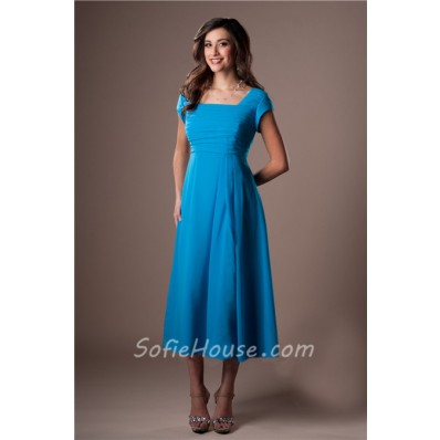 Modest A Line Tea Length Turquoise Blue Chiffon Party Bridesmaid Dress With Sleeves