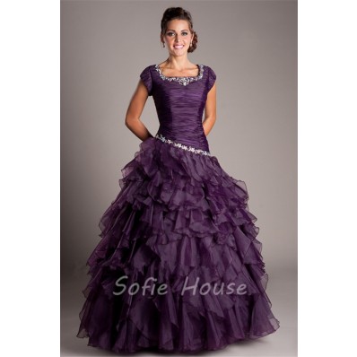 Modest Ball Gown Square Neck Dark Purple Organza Ruffle Prom Dress With Sleeves