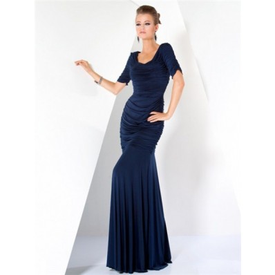 Modest Mermaid Long Navy Blue Chiffon Pleated Evening Wear Dress With Sleeves