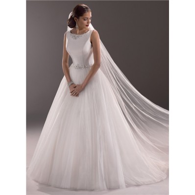 Modest Princess Ball Gown Bateau Neck Satin Tulle Wedding Dress With Crystal
