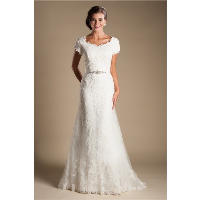 Modest Scalloped Neck Short Sleeve Lace Wedding Dress With Crystals Belt