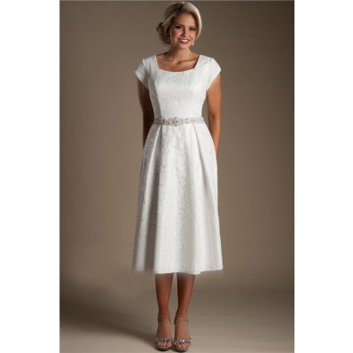 Modest Sheath Square Neck Cap Sleeve Tea Length Lace Beach Garden Wedding Dress