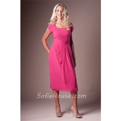 Modest Sheath Square Neck Hot Pink Chiffon Short Sleeve Party Bridesmaid Dress