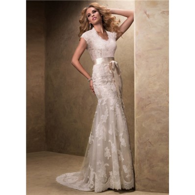 Modest Slim High Neck Covered Back Lace Wedding Dress With Ribbon Sash