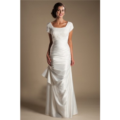 Modest Square Neck Cap Sleeve Silk Satin Ruched Wedding Dress