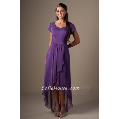 Modest Sweetheart Neckline Purple Chiffon High Low Bridesmaid Dress With Sleeves