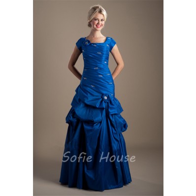 Modest Trumpet Square Neck Cap Sleeve Royal Blue Taffeta Prom Dress Corset Back