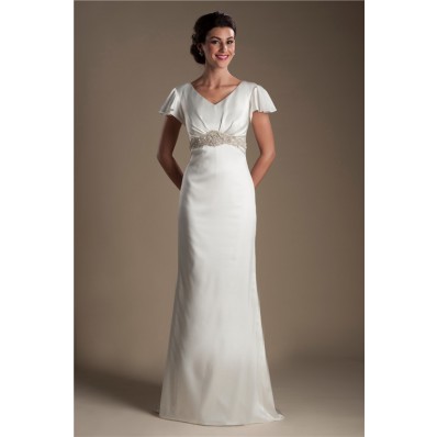 Modest V Neck Flared Cap Sleeve Satin Beaded Wedding Dress With Buttons