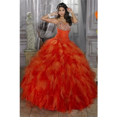 Pretty Ball Gown Orange Organza Quinceanera Dress With Beading Ruffles