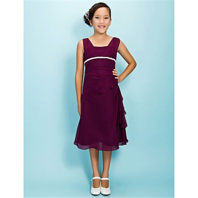 Pretty Sheath Straps Tea Length Long Purple Chiffon Junior Bridesmaid Dress