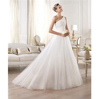 Princess A Line Asymmetrical One Shoulder Draped Tulle Wedding Dress With Buttons