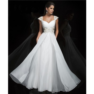 Princess A Line Cap Sleeve Sweetheart Long White Chiffon Beading Evening Prom Dress