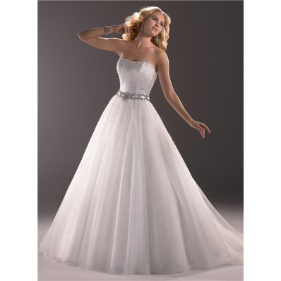 Princess A Line Strapless Tulle Wedding Dress With Beaded Crystal Belt