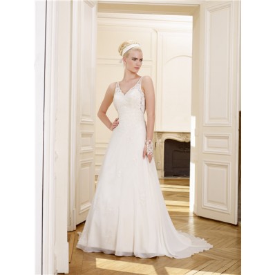 Princess A Line V Neck Low Back Chiffon Lace Wedding Dress With Sheer Straps Bow
