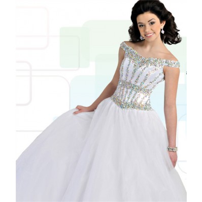 Princess Ball Gown Off The Shoulder White Tulle Beaded Teen Prom Dress
