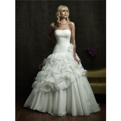 Princess Ball Gown Strapless Puffy Organza Wedding Dress With Feathers Flowers