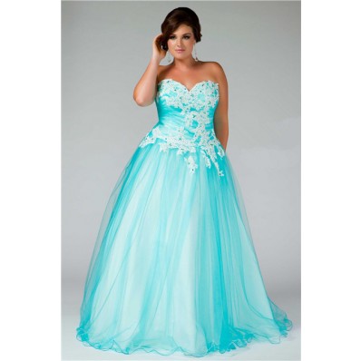 Princess Ball Gown Sweetheart Long Aqua Blue Tulle Lace Plus Size Prom Dress