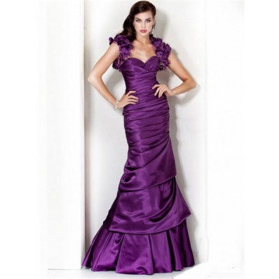 Princess Mermaid Sweetheart Long Purple Silk Evening Dress With Flowers Bolero Jacket
