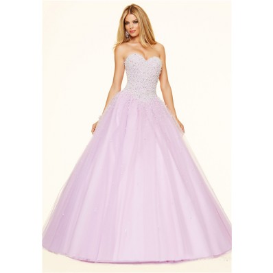Puffy Ball Gown Strapless Corset Lilac Tulle Pearl Beaded Prom Dress