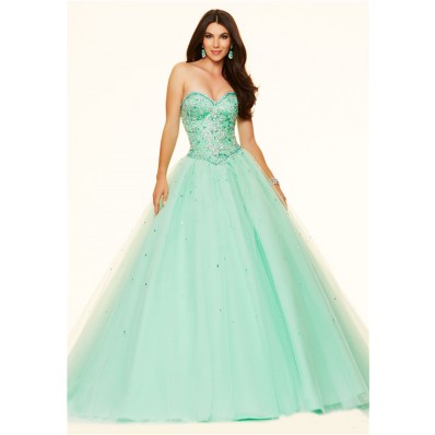 Puffy Ball Gown Strapless Mint Green Satin Tulle Beaded Prom Dress Corset Back