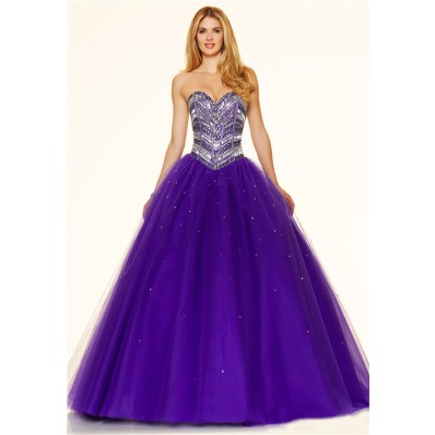 Puffy Ball Gown Strapless Purple Tulle Beaded Sparkly Prom Dress Corset Back