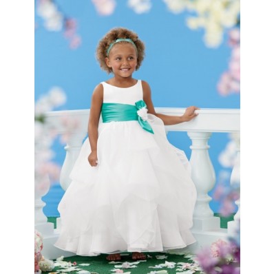 Puffy Ball White Organza Ruffle Green Sash Bow Wedding Little Flower Girl Dress