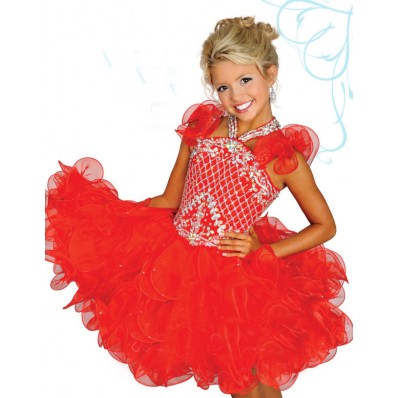 Puffy Open Back Short Red Organza Ruffle Beaded Tutu Girl Pageant Prom Dress