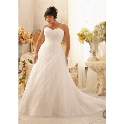 Romantic A Line Sweetheart Lace Tulle Beaded Plus Size Wedding Dress With Pearls