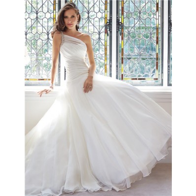 Romantic Ball Gown One Shoulder Organza Draped Wedding Dress Crystal Beaded Strap