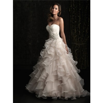 Romantic Ball Gown Sweetheart Champagne Lace Layer Organza Ruffles Wedding Dress