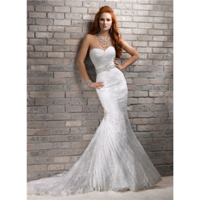 Romantic Mermaid Sweetheart Corset Back Lace Wedding Dress With Wrap Belt