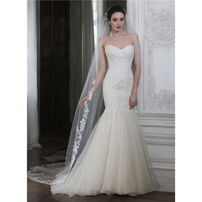 Romantic Mermaid Sweetheart Low Back Organza Lace Wedding Dress With Buttons