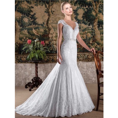 Romantic Mermaid V Neck Cap Sleeve Lace Beaded Wedding Dress With Buttons