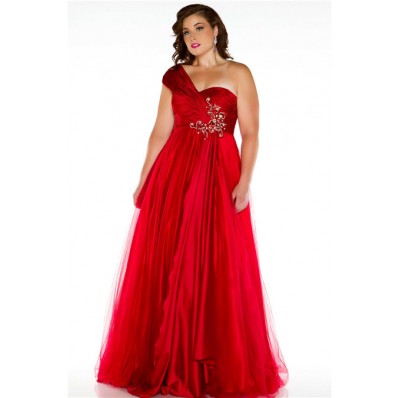 Royal A Line One Shoulder Long Red Silk Tulle Plus Size Party Prom Dress
