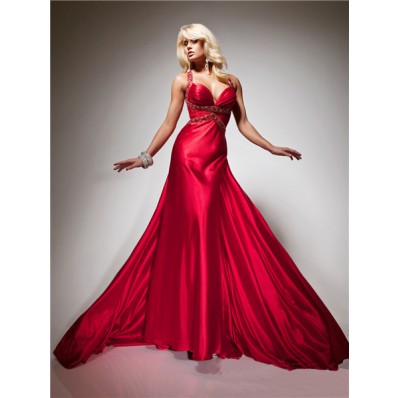 Royal Queen Straps Sweetheart Backless Long Red Silk Beading Prom Dress With Train