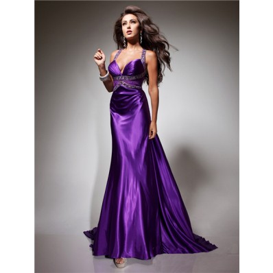 Royal Sweetheart Straps Backless Long Purple Silk Beading Prom Dress ...