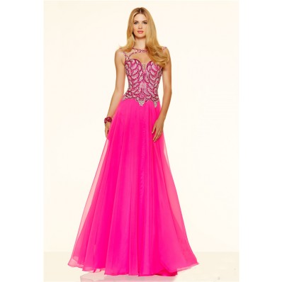 Sexy A Line Cut Out Backless Long Hot Pink Chiffon Beaded Prom Dress