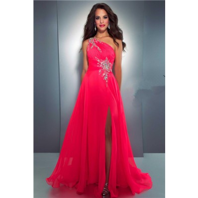 Sexy A Line One Shoulder Long Neon Red Chiffon Beaded Prom Dress With Slit Straps