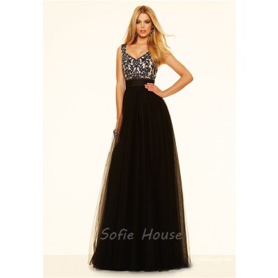 Sexy A Line V Neck Low Back Black Tulle Lace Prom Dress With Straps
