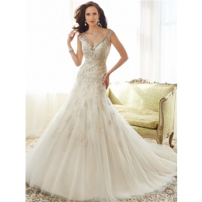 Sexy A Line V Neckline Illusion Back Tulle Lace Beaded Crystal Wedding Dress With Buttons