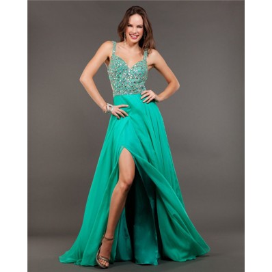 Sexy Backless High Slit Long Green Chiffon Beaded Prom Dress With Straps