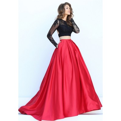 Sexy Ball Gown Two Piece Backless Long Black Lace Sleeve Red Satin Prom Dress With Pockets