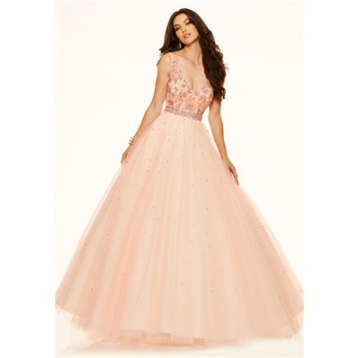 Sexy Ball Gown V Neck Low Back Pink Champagne Tulle Beaded Prom Dress
