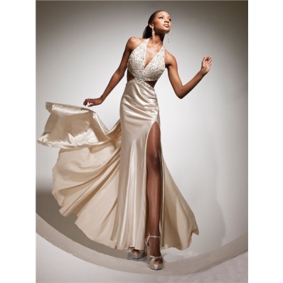 Sexy Halter Backless Long Champagne Silk Beading Prom Dress With Cut ...